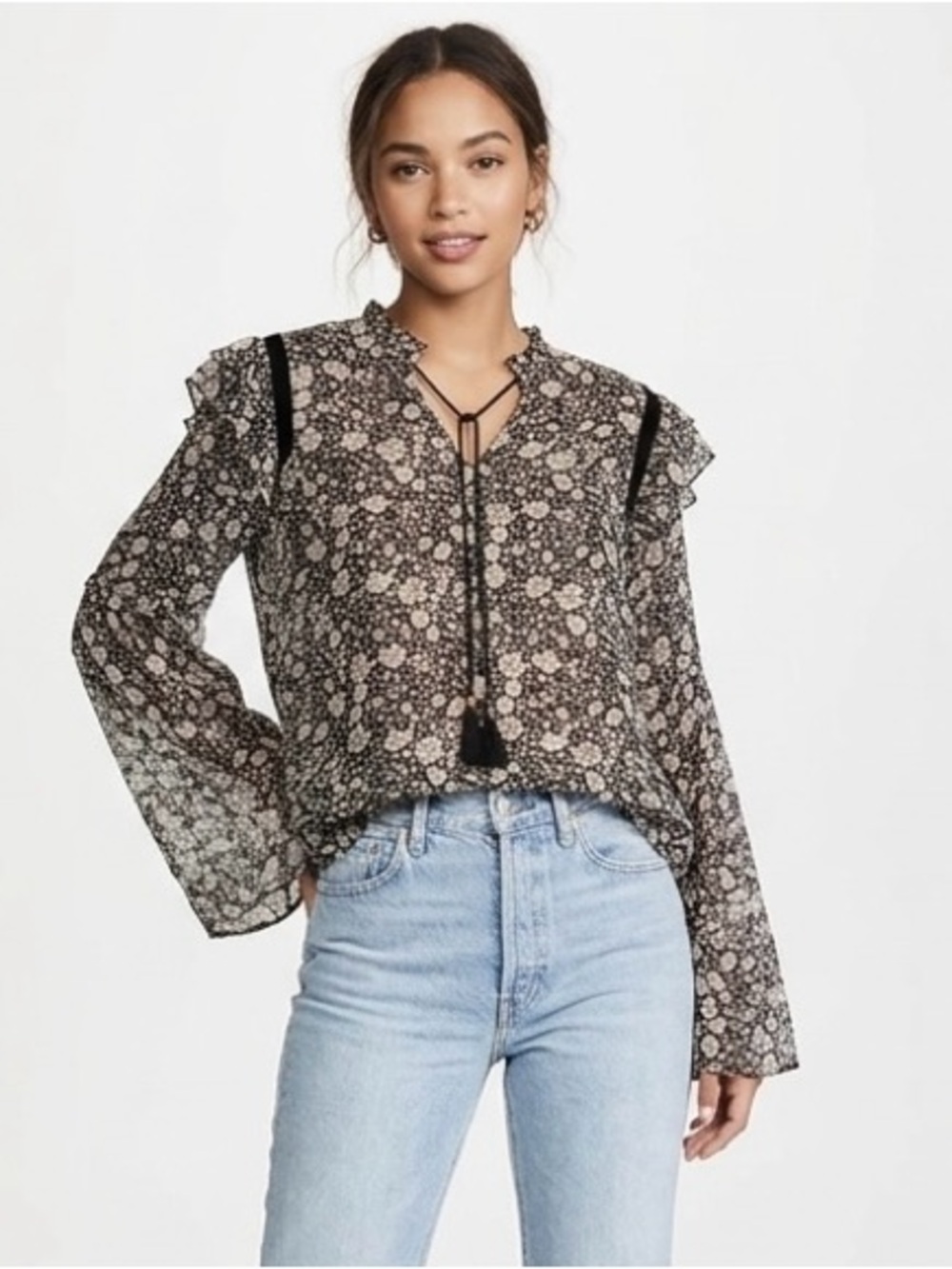 Love Sam XS Black White Floral Smocked Peasant Blouse